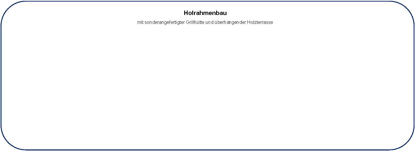Rechteck: abgerundete Ecken: Holrahmenbau mit sonderangefertigter Grillh�tte und �berh�ngender Holzterrasse 